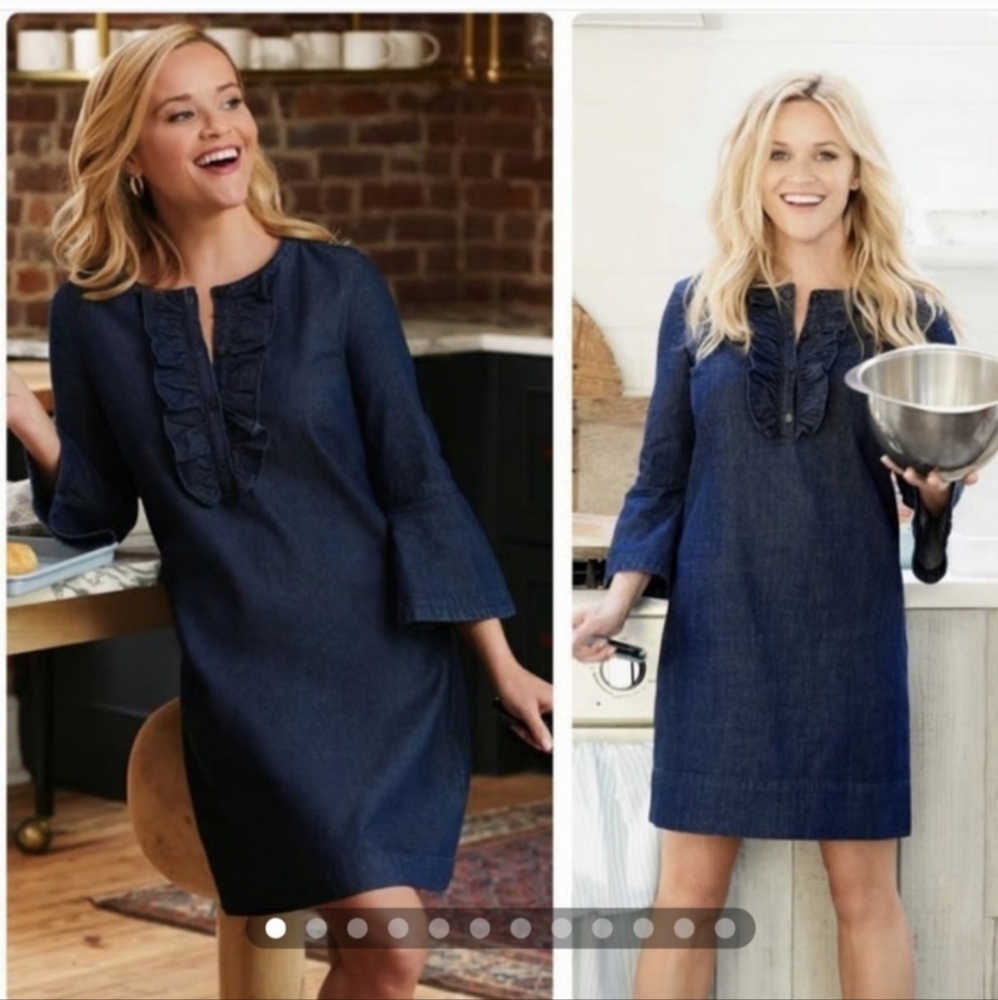 Draper James Dark Wash Chambray Denim Cotton Ruffle Shift Dress - 6 - Picture 3 of 12